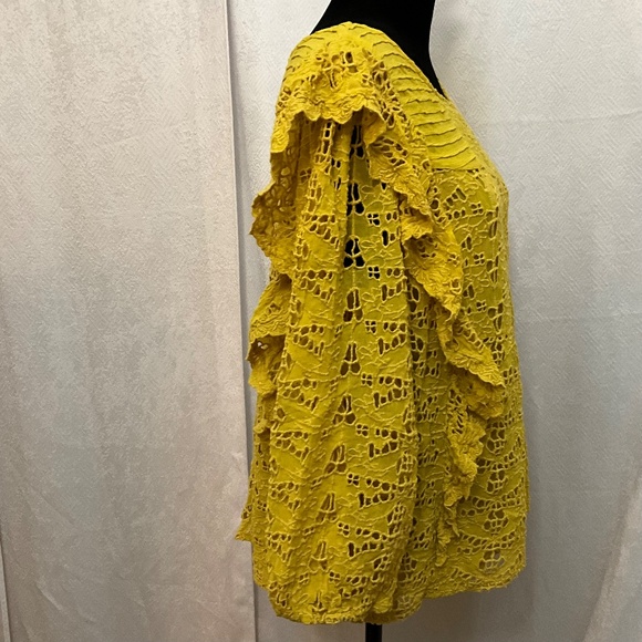 Anthropologie Yellow Lace Ruffle Blouse Women’s 14 Boho Chic Crochet Eyelet Top - Picture 2 of 12